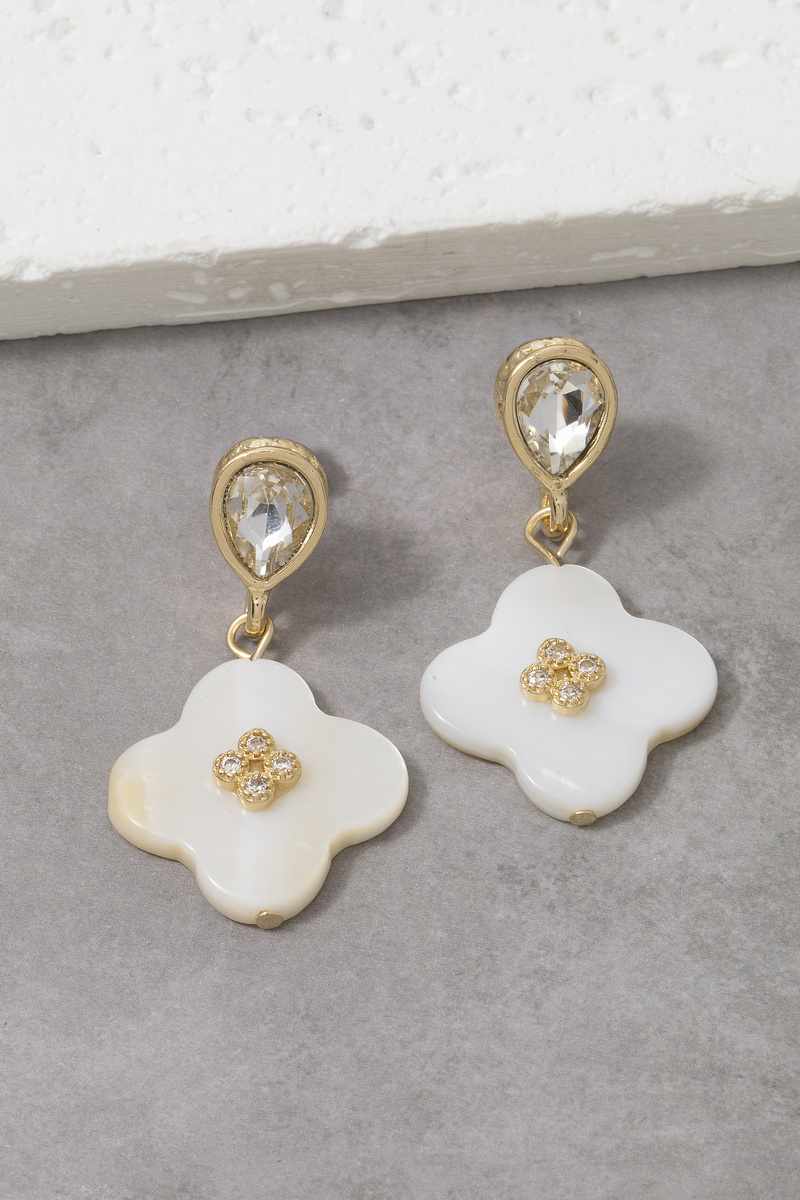 Mother Of Pearl Clover Drop Earrings With Cz