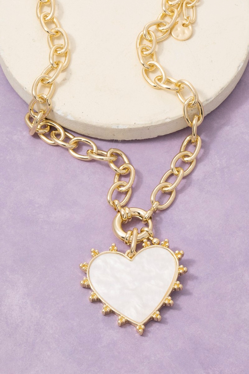 Mother Of Pearl Heart Pendant Chunky Gold Chain Necklace