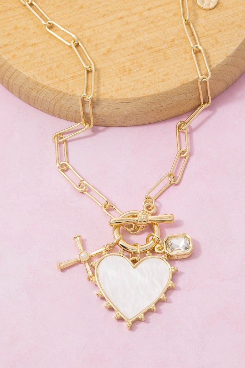 Mother Of Pearl Heart Charm Toggle Paperclip Chain Necklace