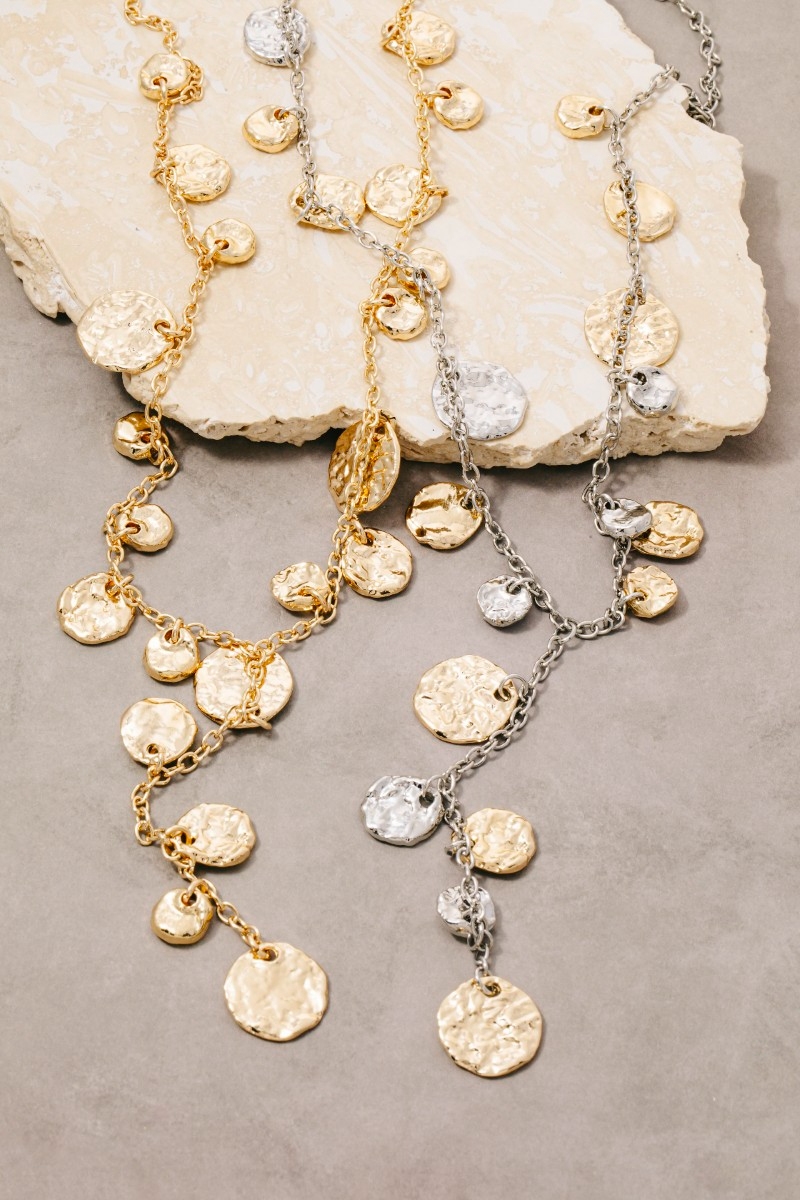 Dainty Chain Hammered Coin Discs Y Necklace