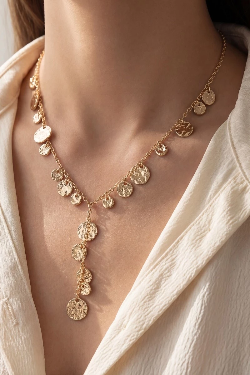 Dainty Chain Hammered Coin Discs Y Necklace