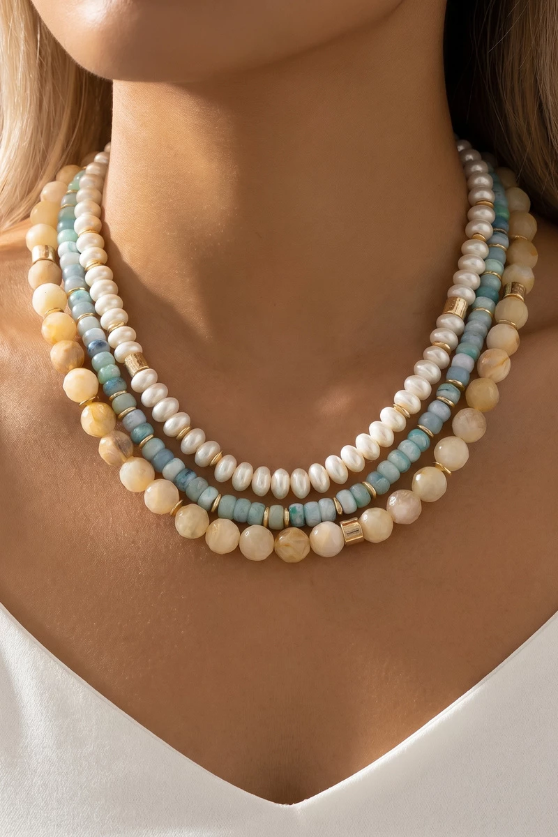Triple Strand Acrylic Bead And Rondelle Necklace