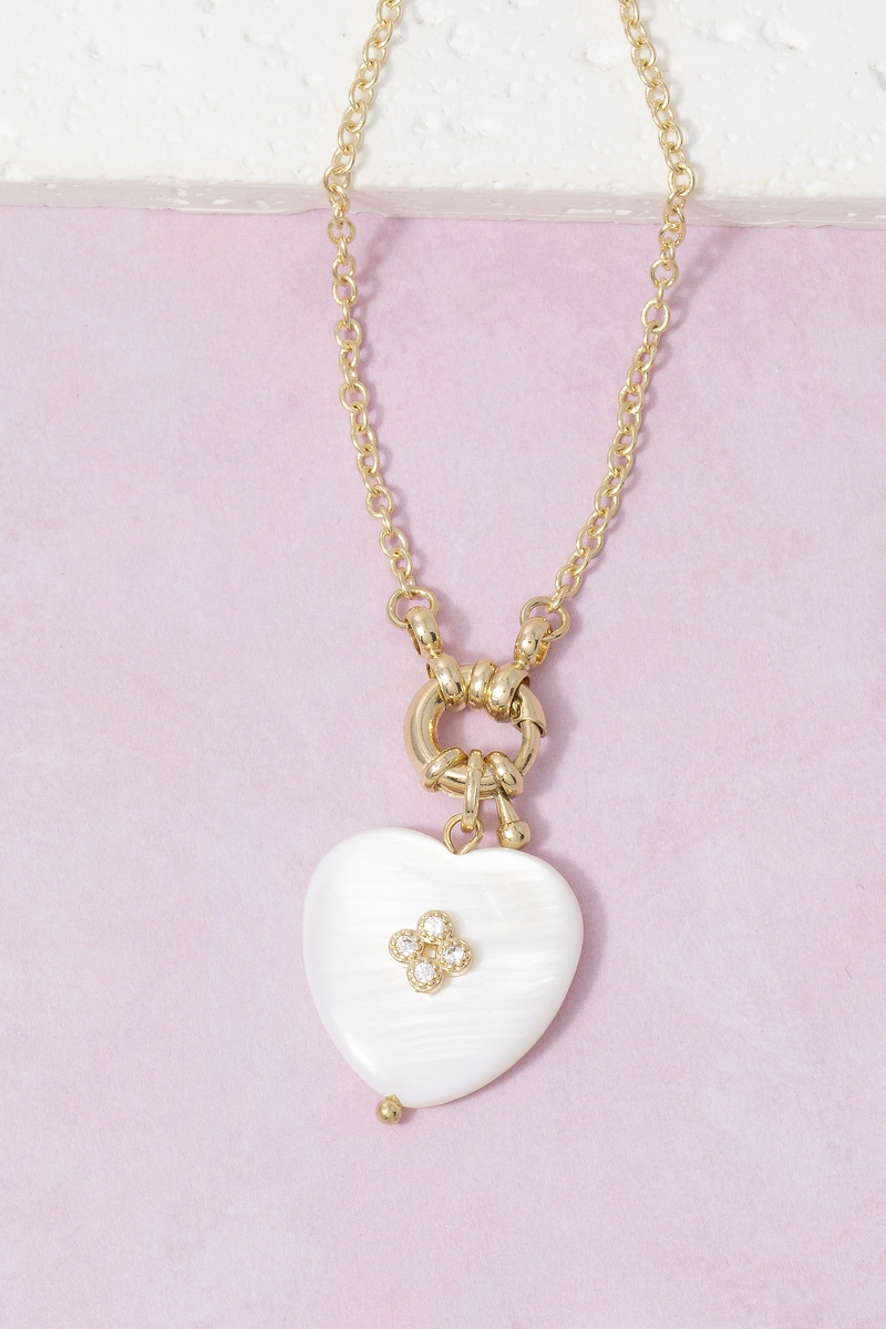 Enamel Heart Pendant Necklace With Cz Flower