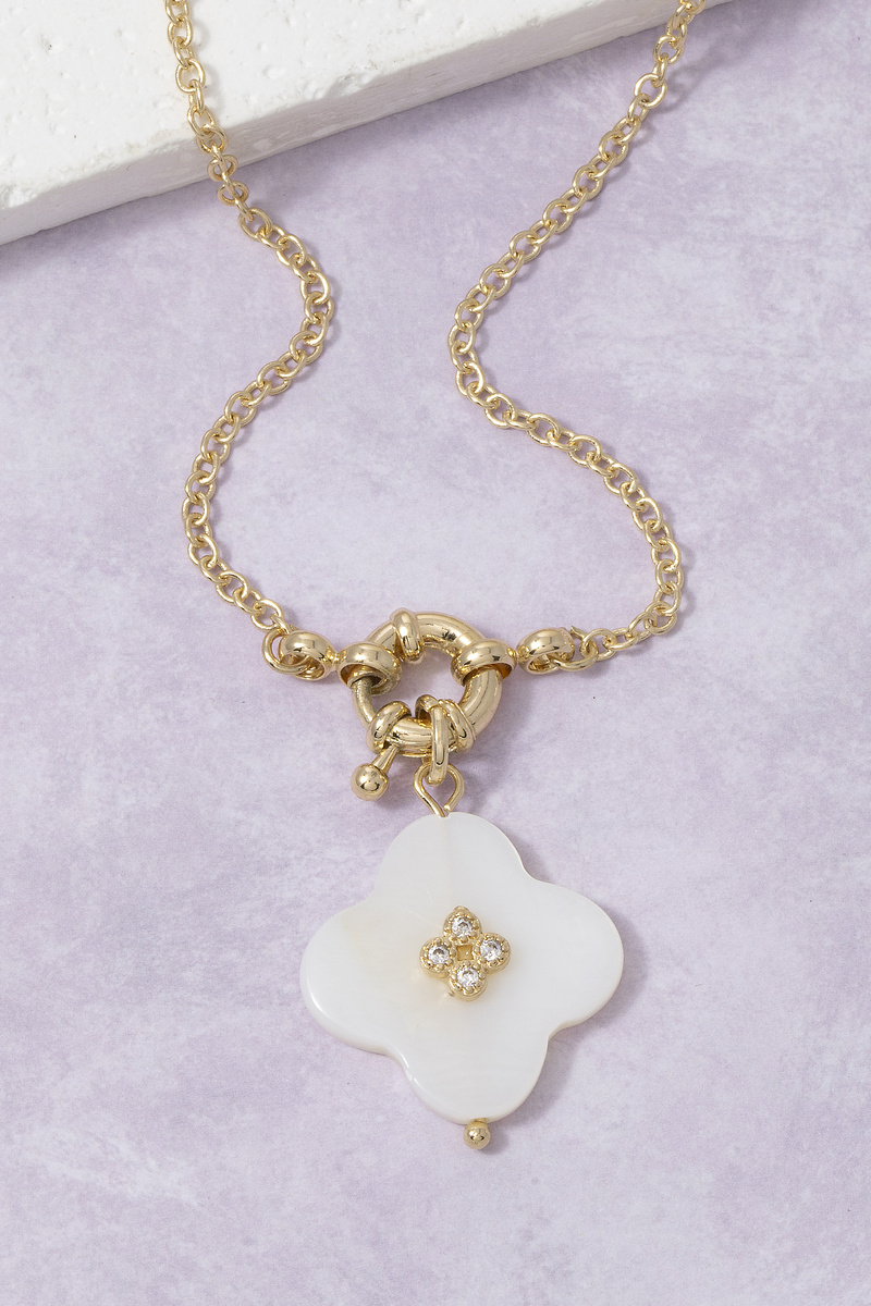 Shell Clover Pendant Necklace With Cz Center