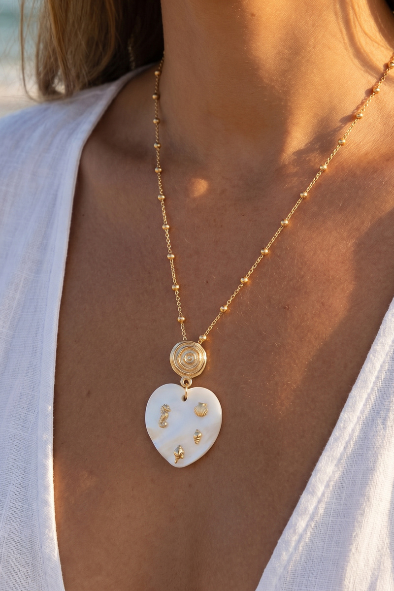 Sea Shell Heart Marine Motif Satellite Chain Necklace