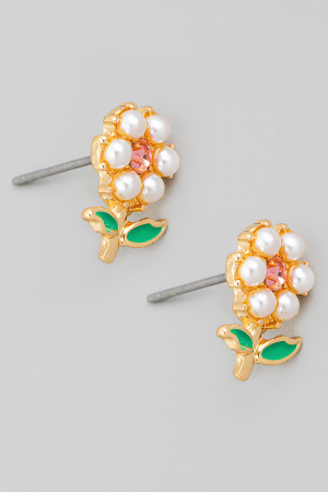 Pearl Rhinestone Flower Stud Earrings