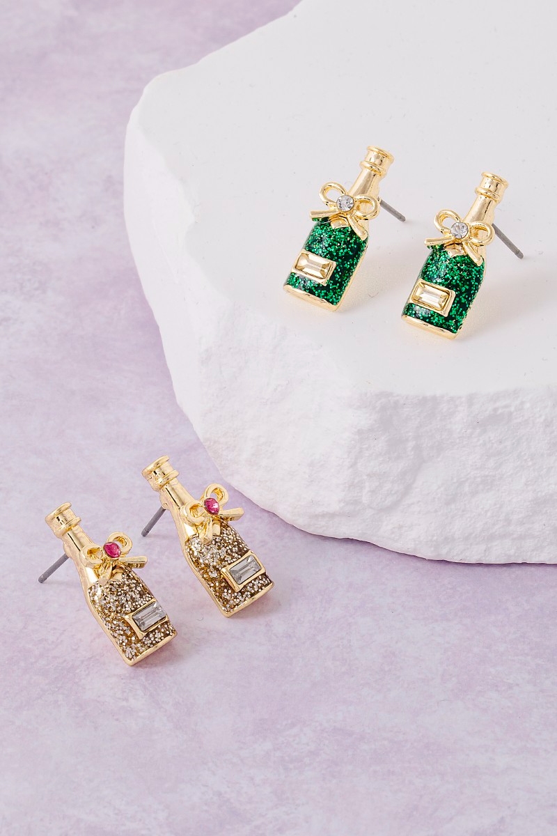 Glitter Resin Bow Champagne Bottle Stud Earrings