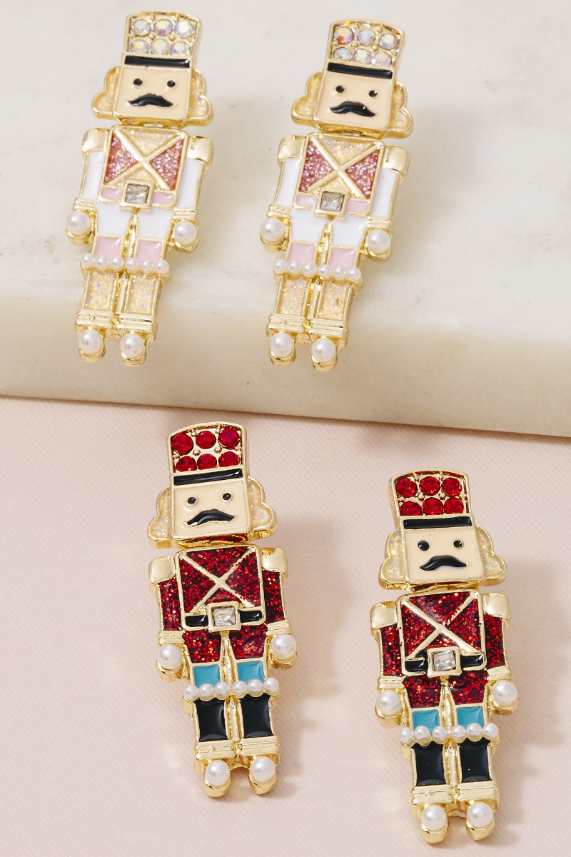 Christmas Glitter Enamel Nutcracker Drop Earrings