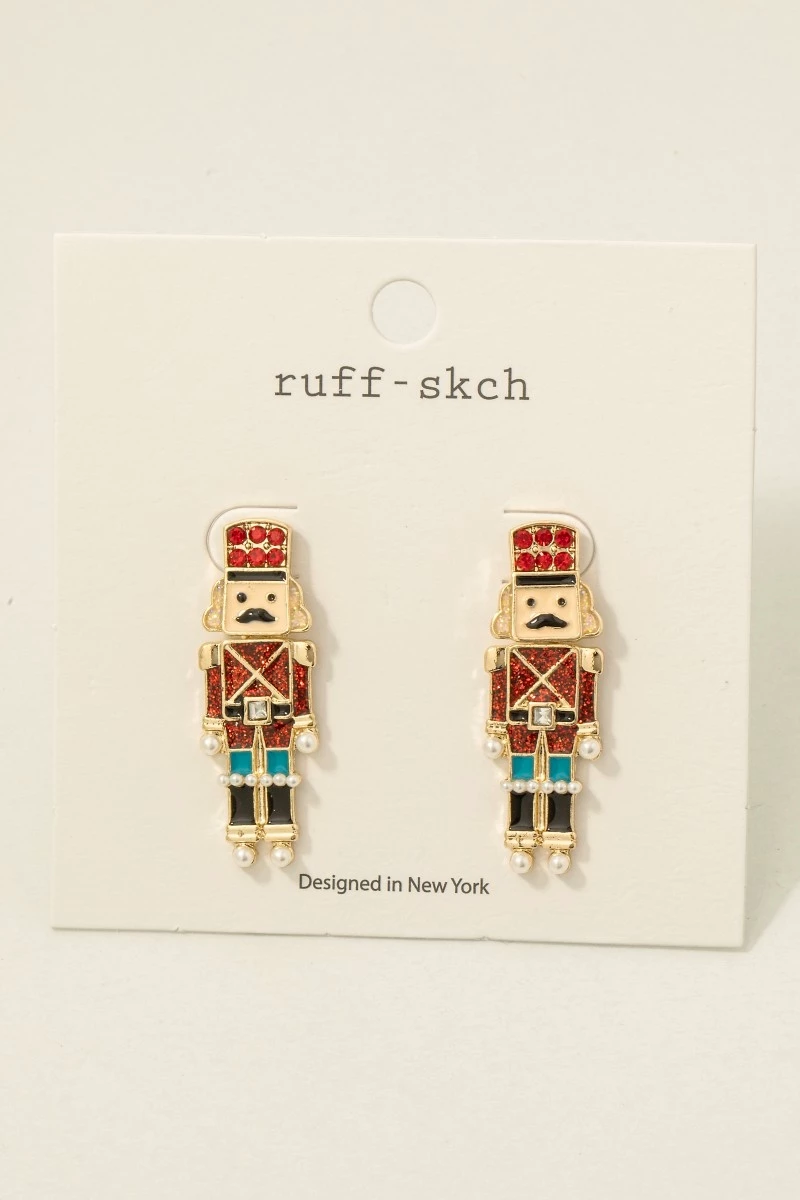 Christmas Glitter Enamel Nutcracker Drop Earrings