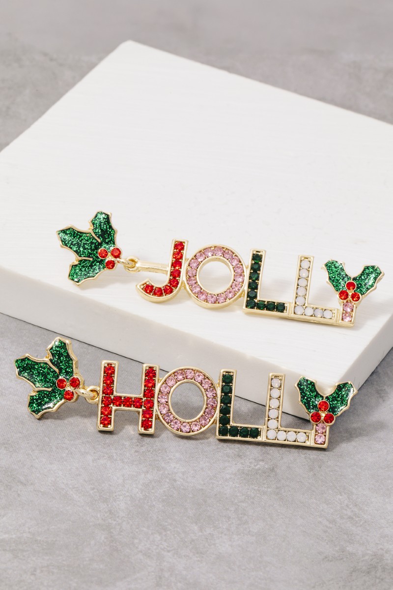 Christmas Jolly Holly Glitter And Studs Dangle Earrings