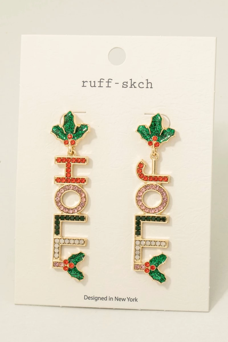 Christmas Jolly Holly Glitter And Studs Dangle Earrings