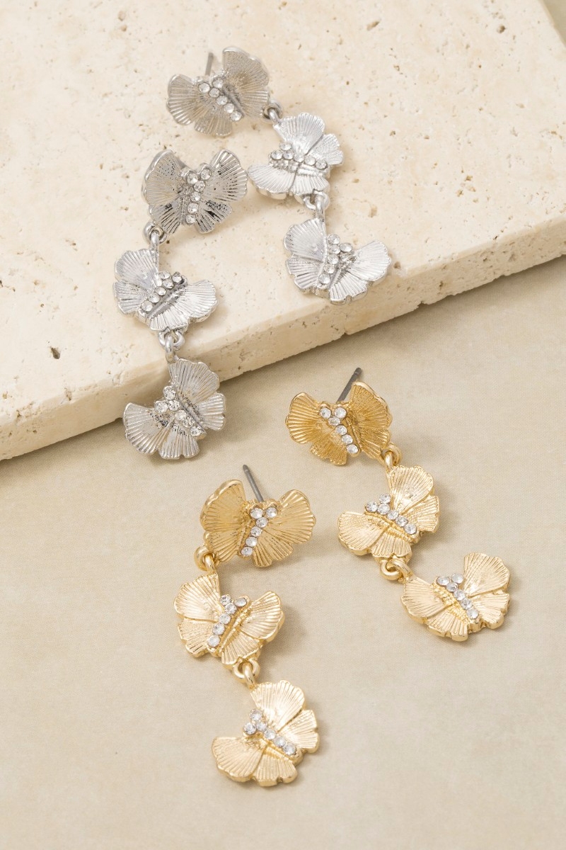 Pave Triple Butterfly Chain Dangle Earrings