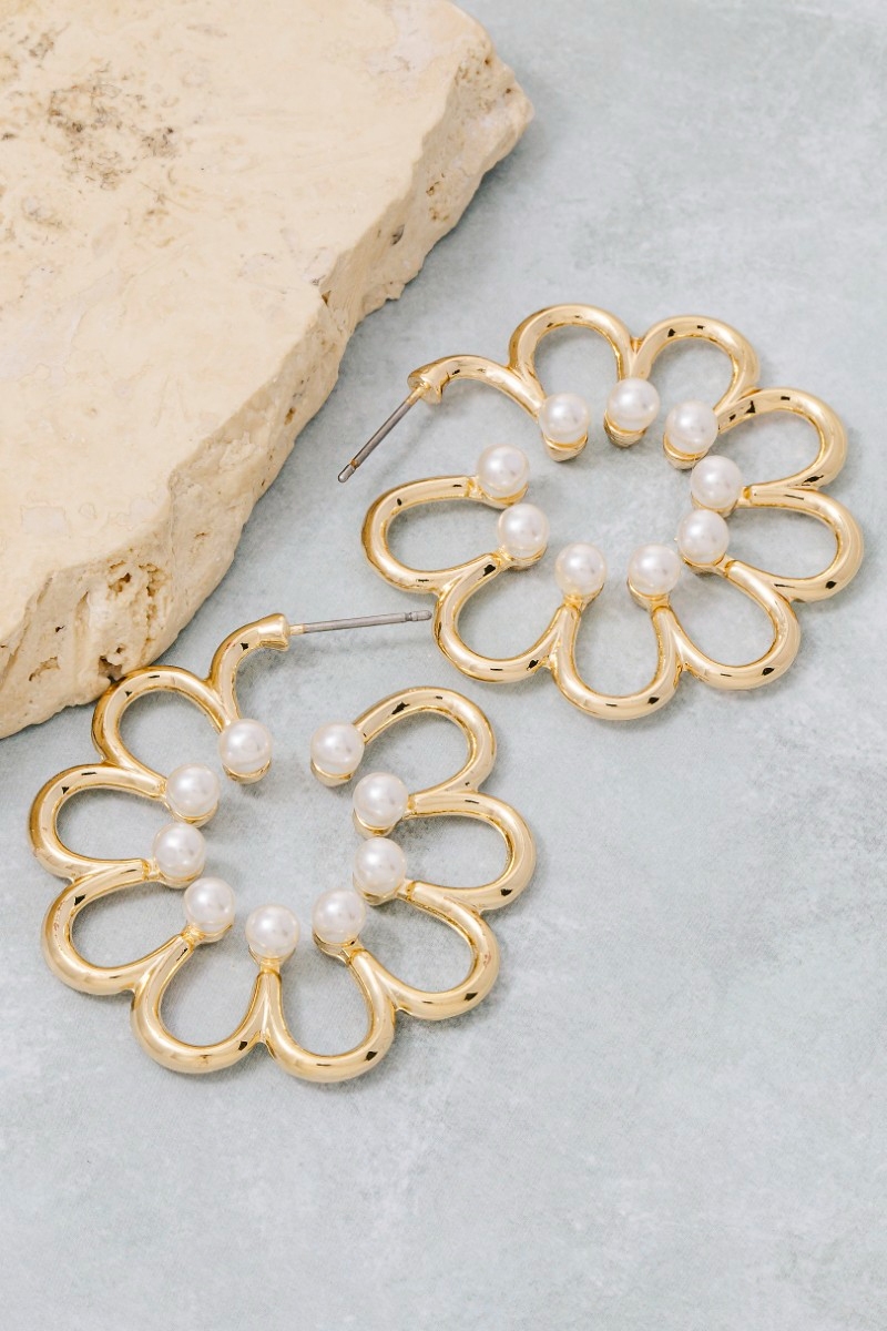 Pearl Studded Wavy Flower Hoop Earrings