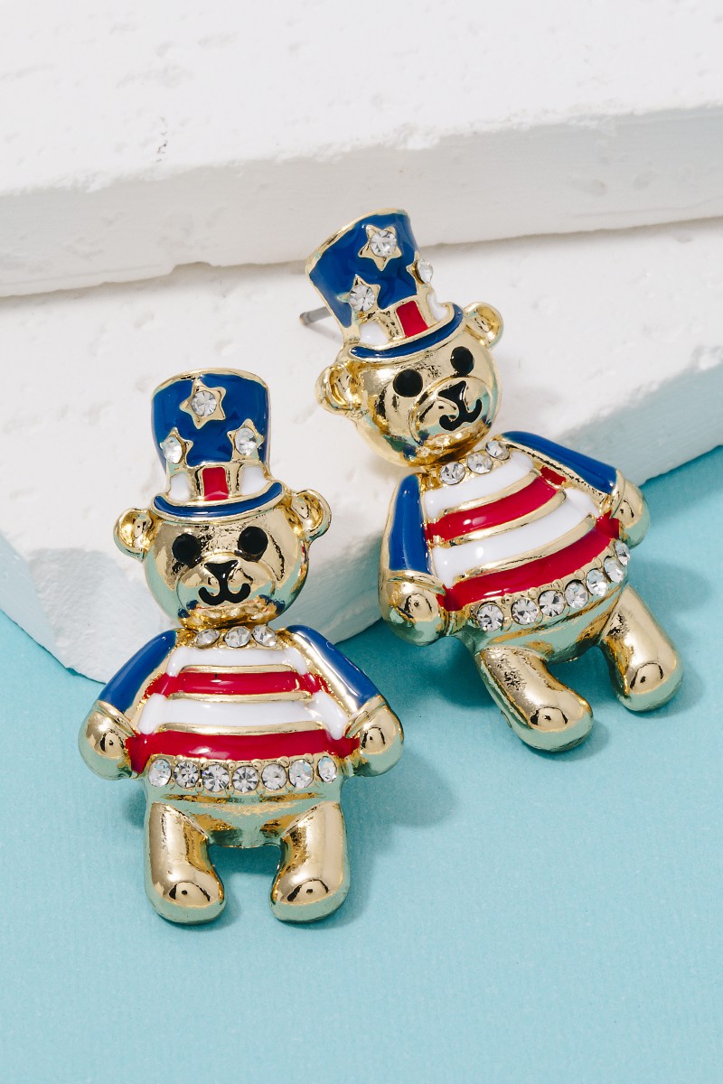 Usa 4Th Of July Teddy Bear Stud Drop Earrings