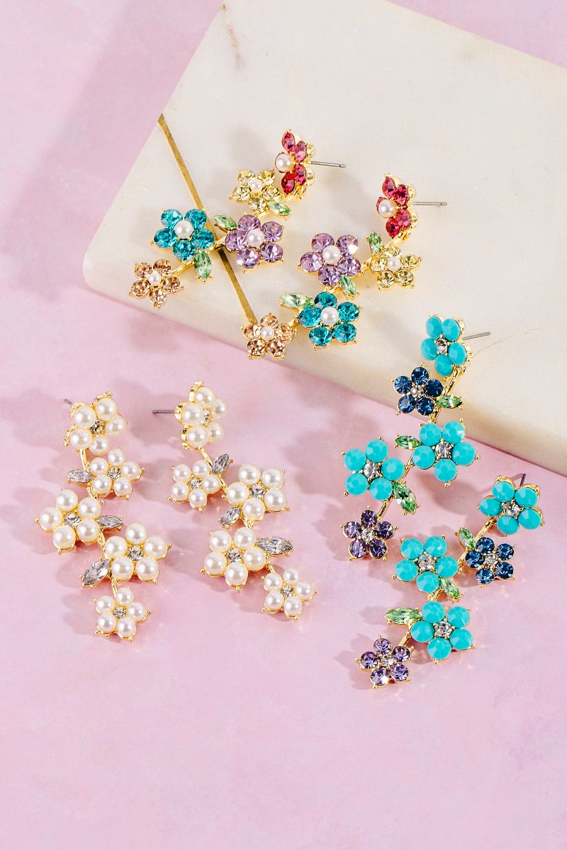 Colorful Studded Flowers Dangle Earrings