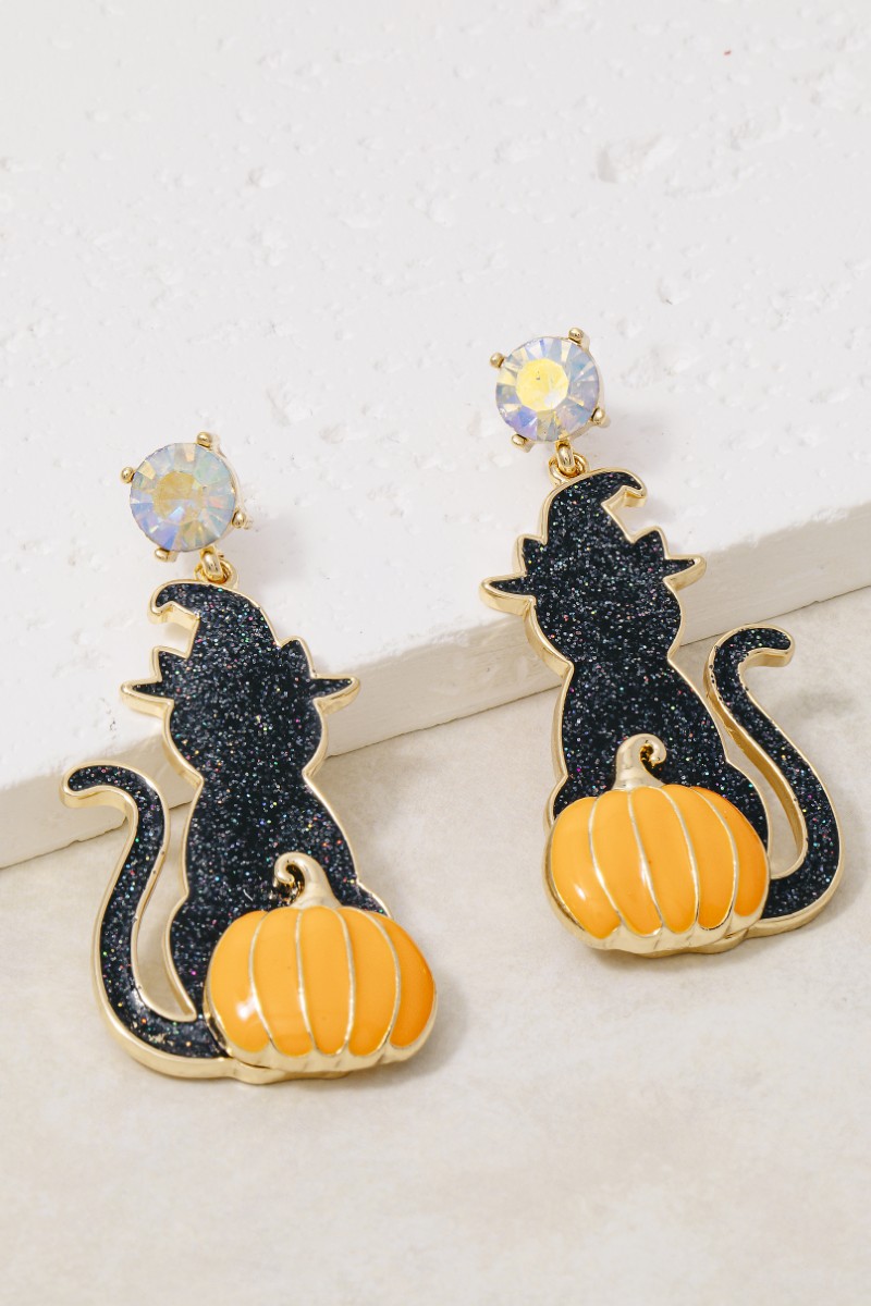 Halloween Glitter Witch Cat Pumpkin Dangle Earrings