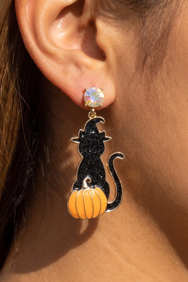 Halloween Glitter Cat And Pumpkin Drop Earrings