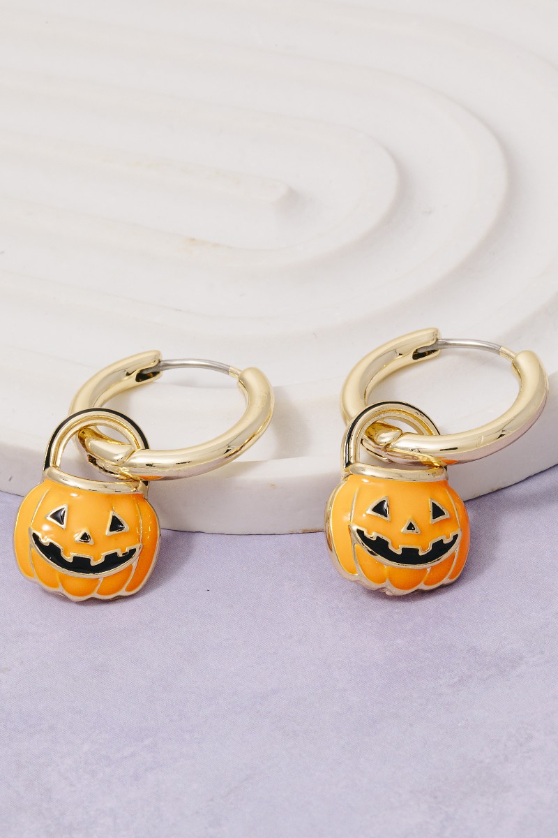 Halloween Jack O Lantern Bucket Charm Hoop Earrings