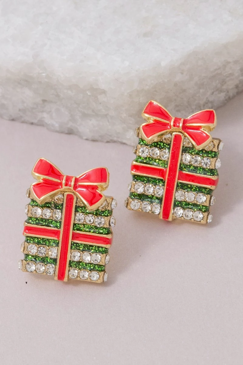Enamel Pave Christmas Present Stud Earrings