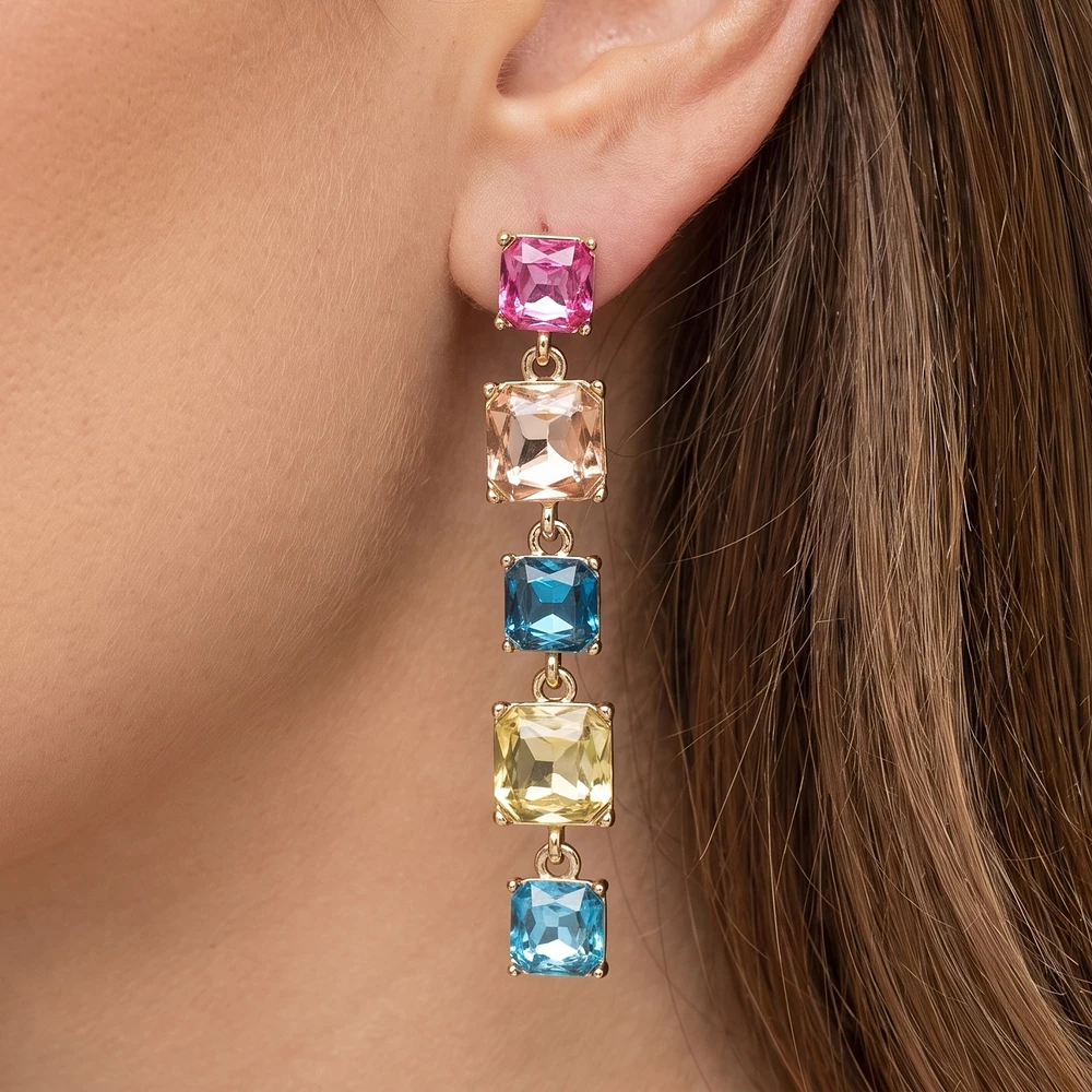 Five Stone Multi Tone Crystal Linear Drop Earrings