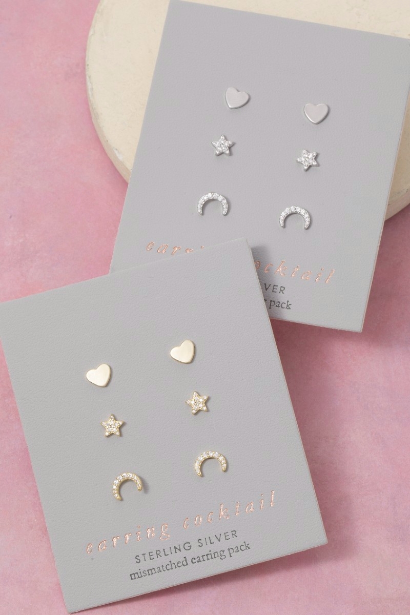 Sterling Silver Cz Pave Heart Star Moon Stud Earrings Set