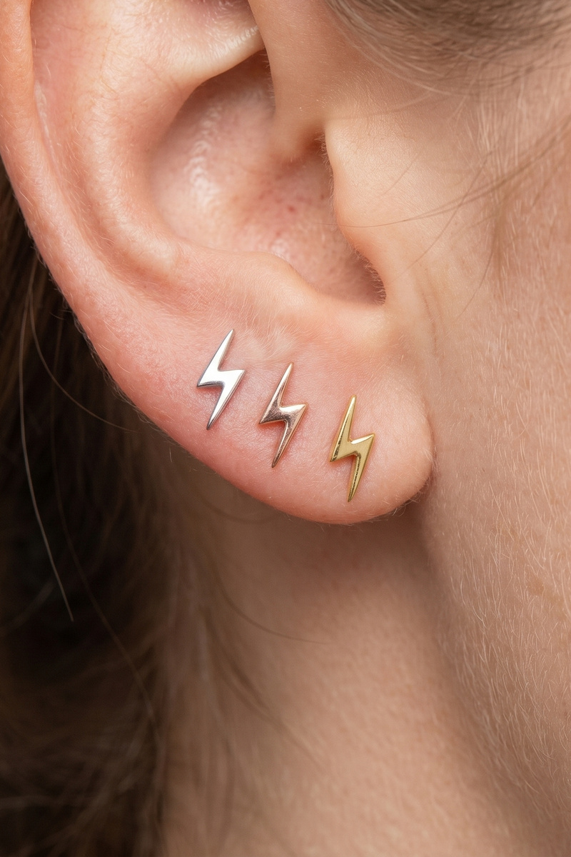 Sterling Silver Triple Tone Lightning Bolt Earring Set