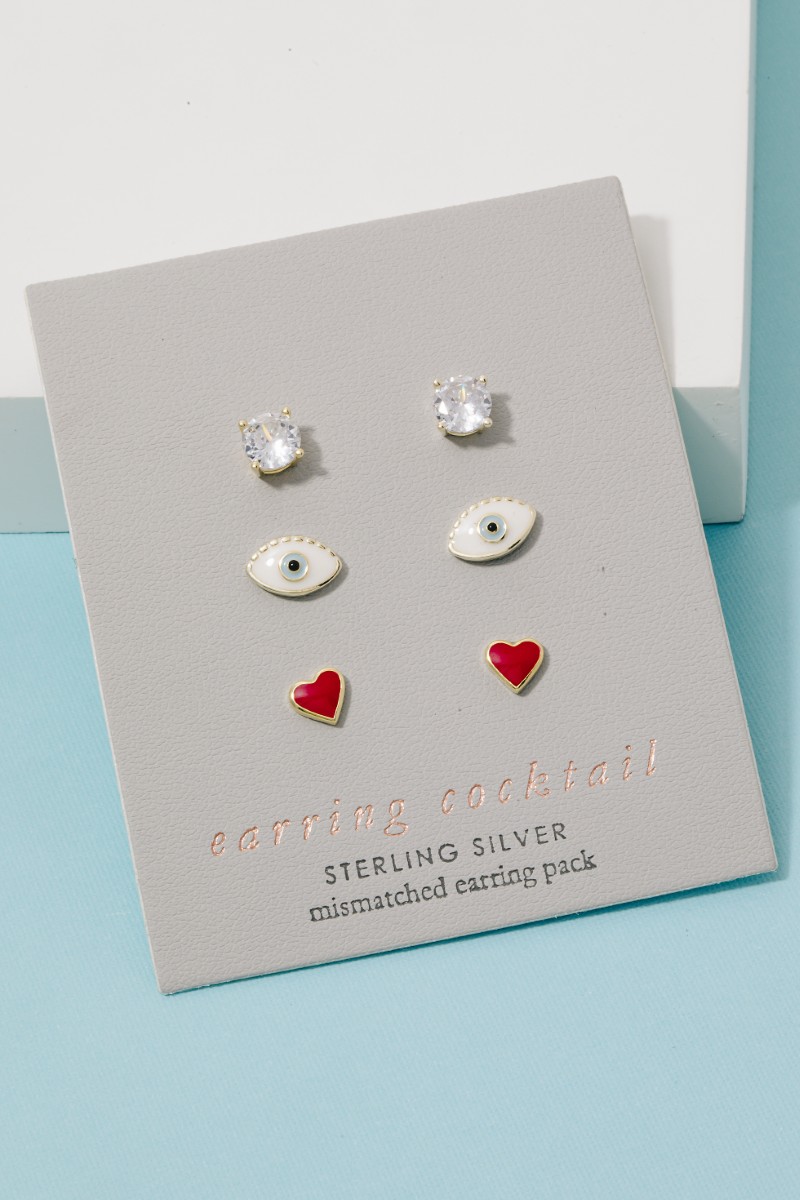 Enamel Heart Evil Eye And Cz Gem Stud Earrings Set