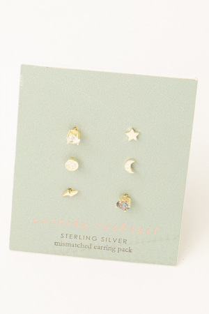 Sterling Silver Moon Star Stud Earrings Set
