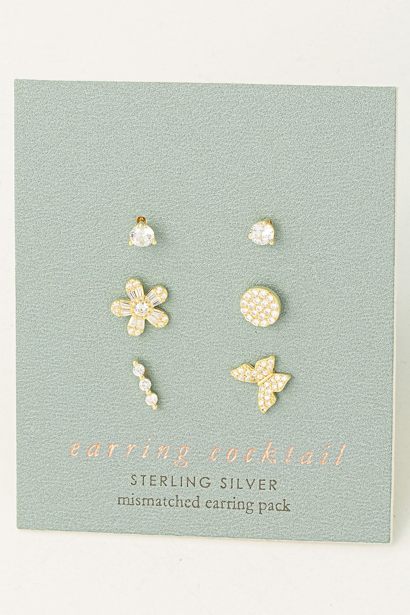 Pave Sterling Silver Flower Stud Earrings Set
