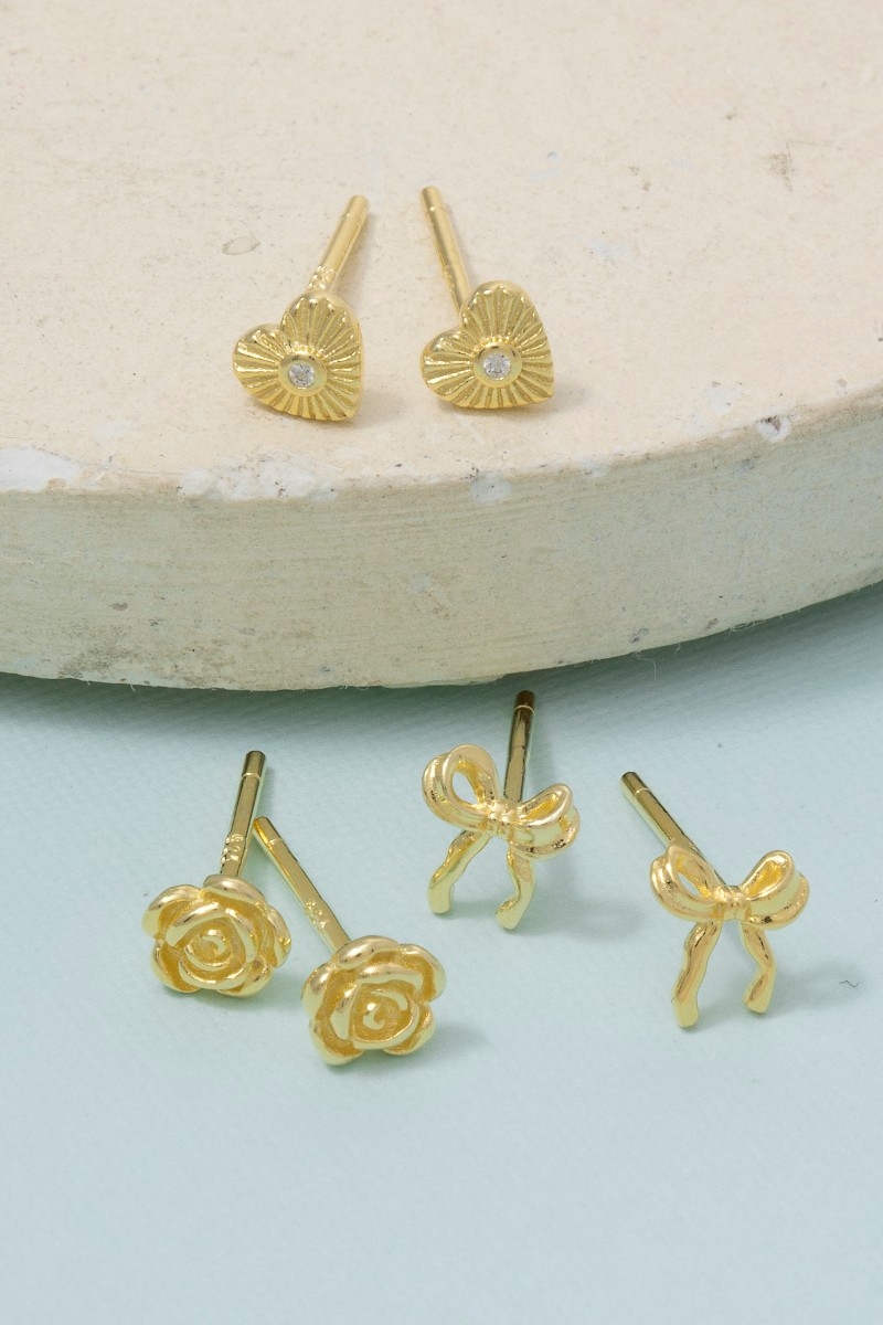 Sterling Silver Heart Bow Flower Stud Earrings Set