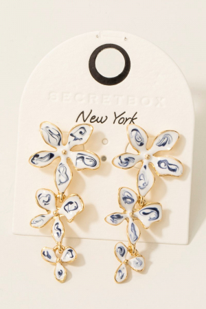 Blue Ceramic Flower Link Chain Dangle Earrings