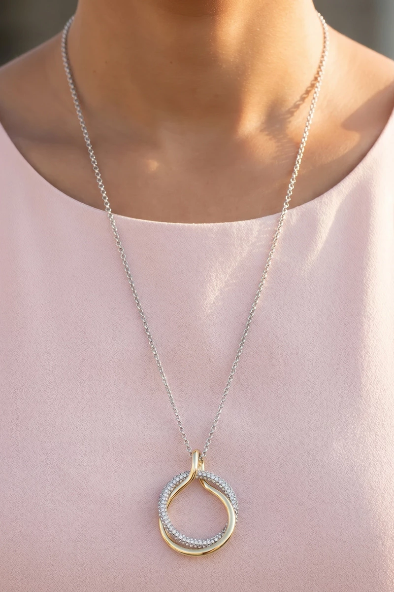 Two Tone Open Circle Cz Pendant Necklace