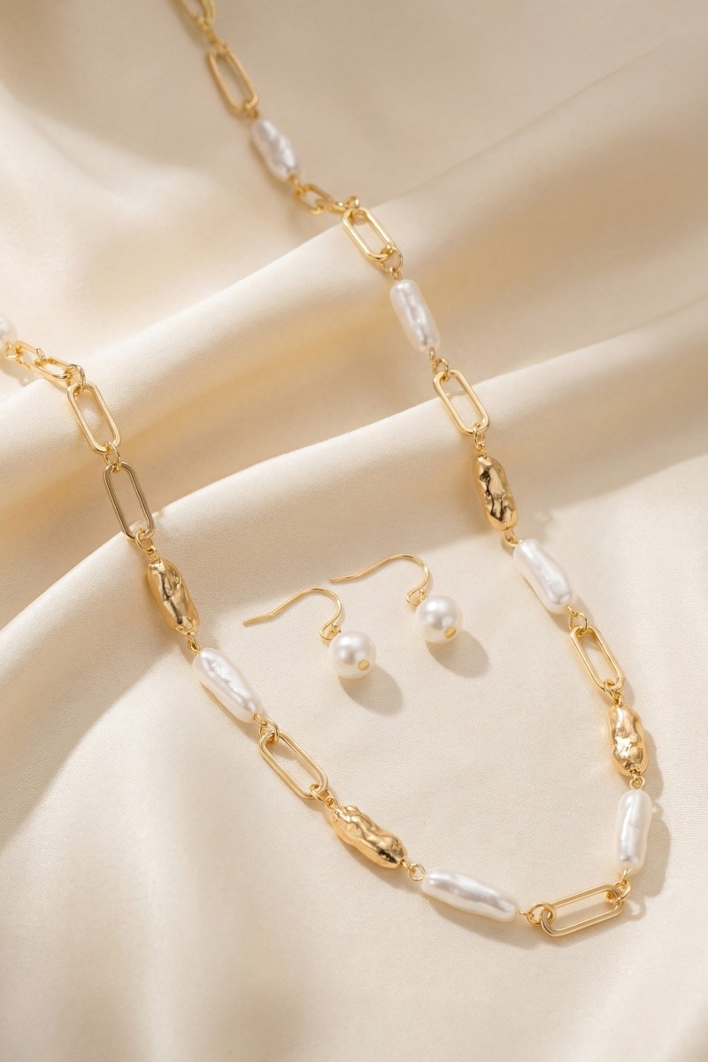 Pearl And Metallic Bar Chain Long Necklace Set