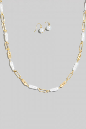Pearl And Metallic Bar Chain Long Necklace Set
