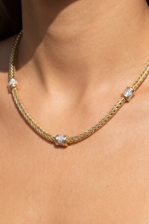 Triple Station Cz Wheat Chain Necklace