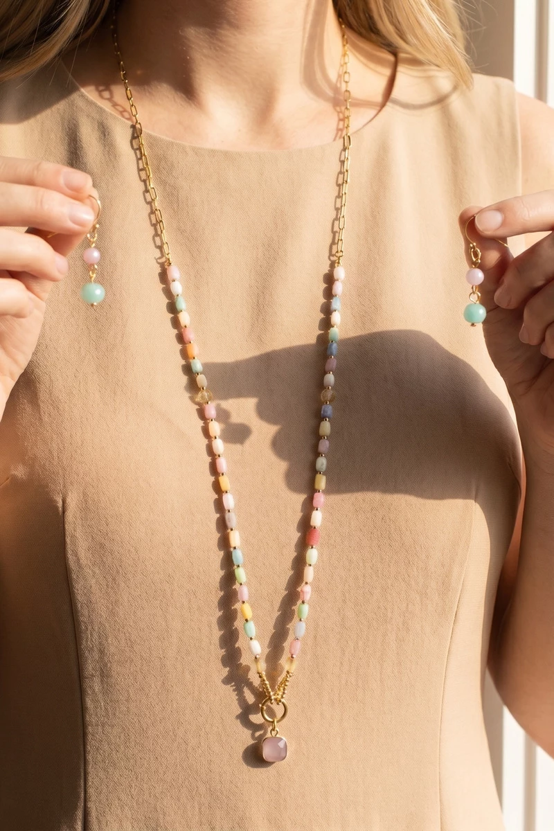 Long Stone Bead Pendant Necklace Set With Earrings