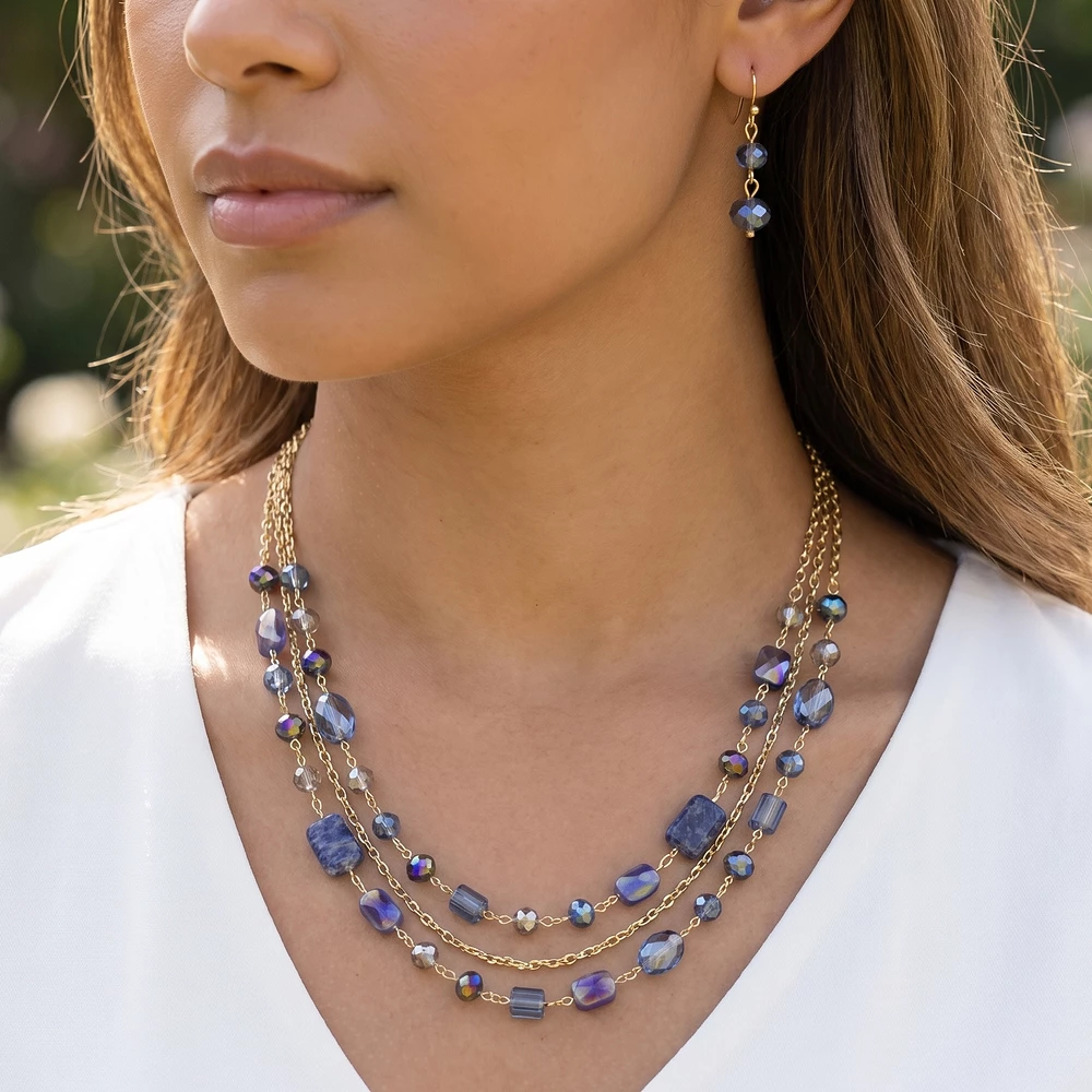 Crystal Stone Bead Triple Strand Layered Necklace Set