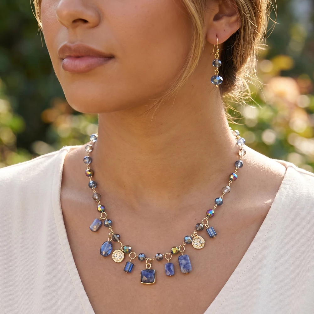 Crystal Stone Bead Charm Fringe Necklace Set