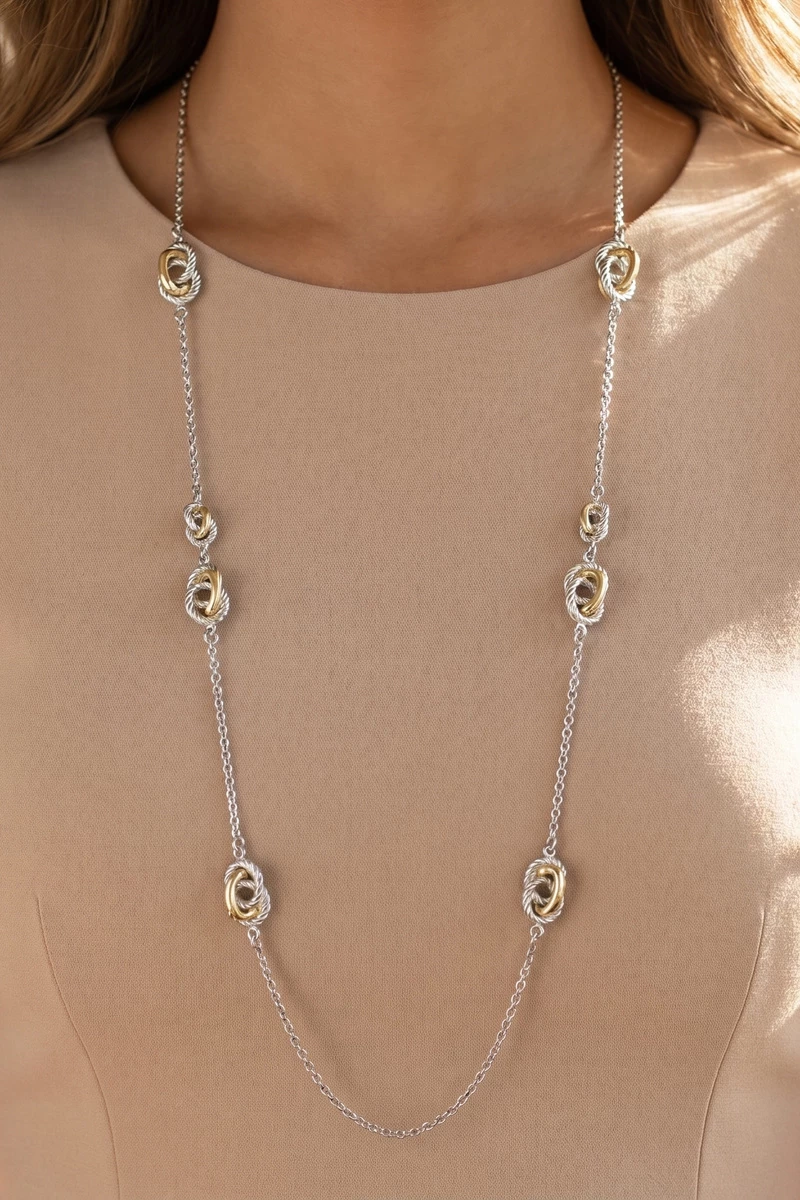 Two Tone Interlocked Ring Station Long Necklace