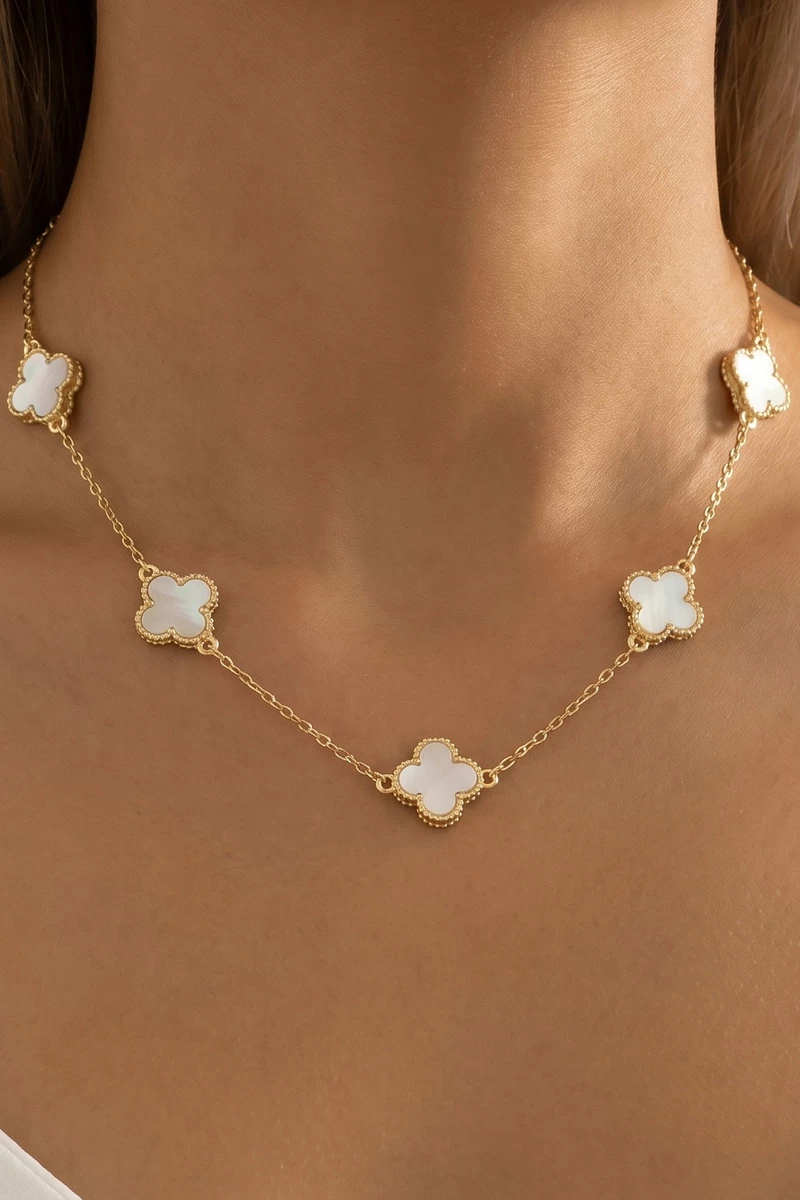 Mother Of Pearl Clover Bezel Station Necklace