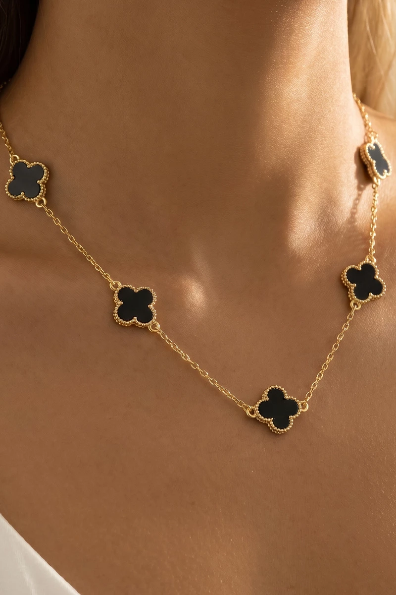 Onyx Stone Clover Station Pendant Necklace