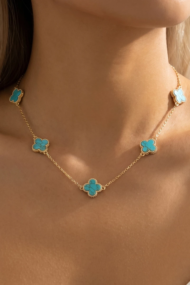 Turquoise Stone Clover Station Necklace