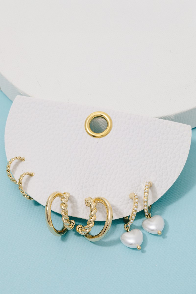 Pearl Heart Charm Mixed Hoop Earrings Set