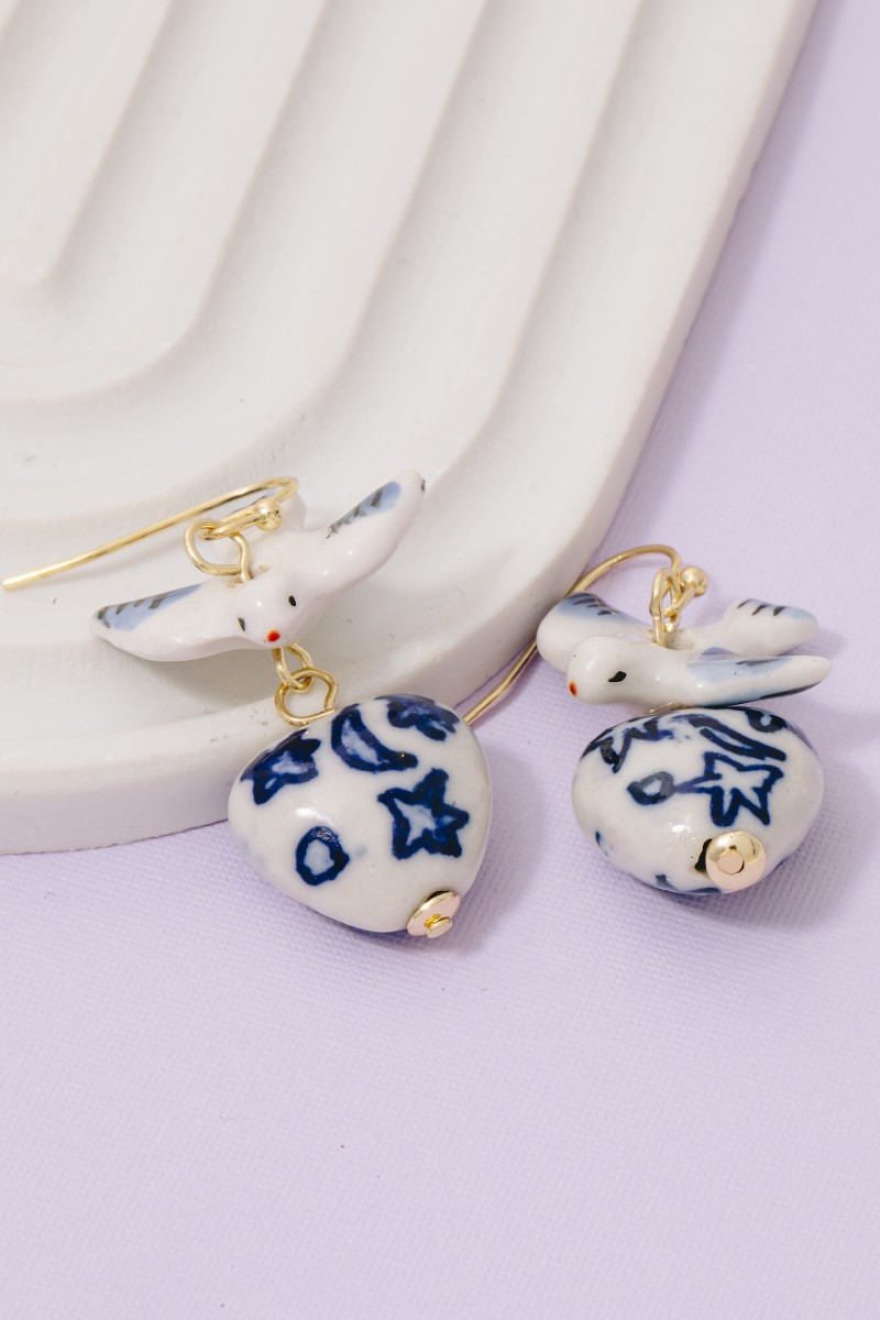 Ceramic Bird And Heart Dangle Earrings