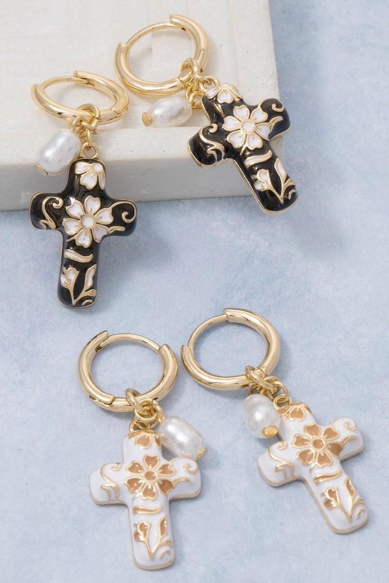 Ceramic Floral Cross And Pearl Charms Hoop Earrings