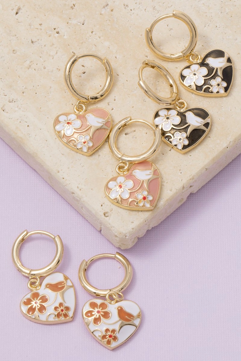 Floral Ceramic Heart Charm Hoop Earrings