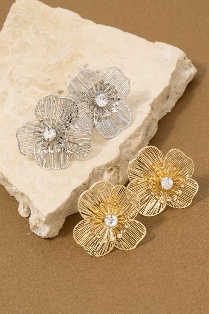 Gold Filigree Flower Cz Center Stud Earrings