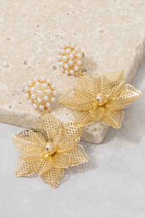 Pearl & Gold Filigree Flower Drop Earrings