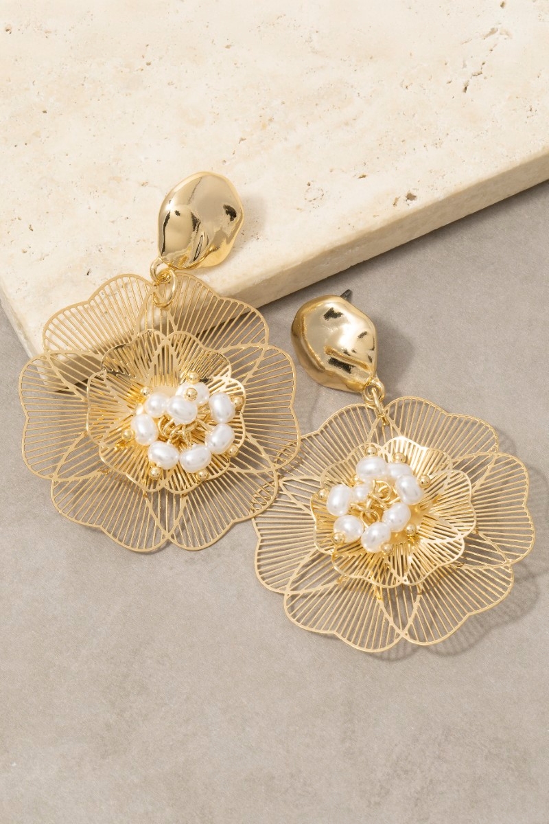 Gold Filigree Flower Pearl Center Drop Earrings