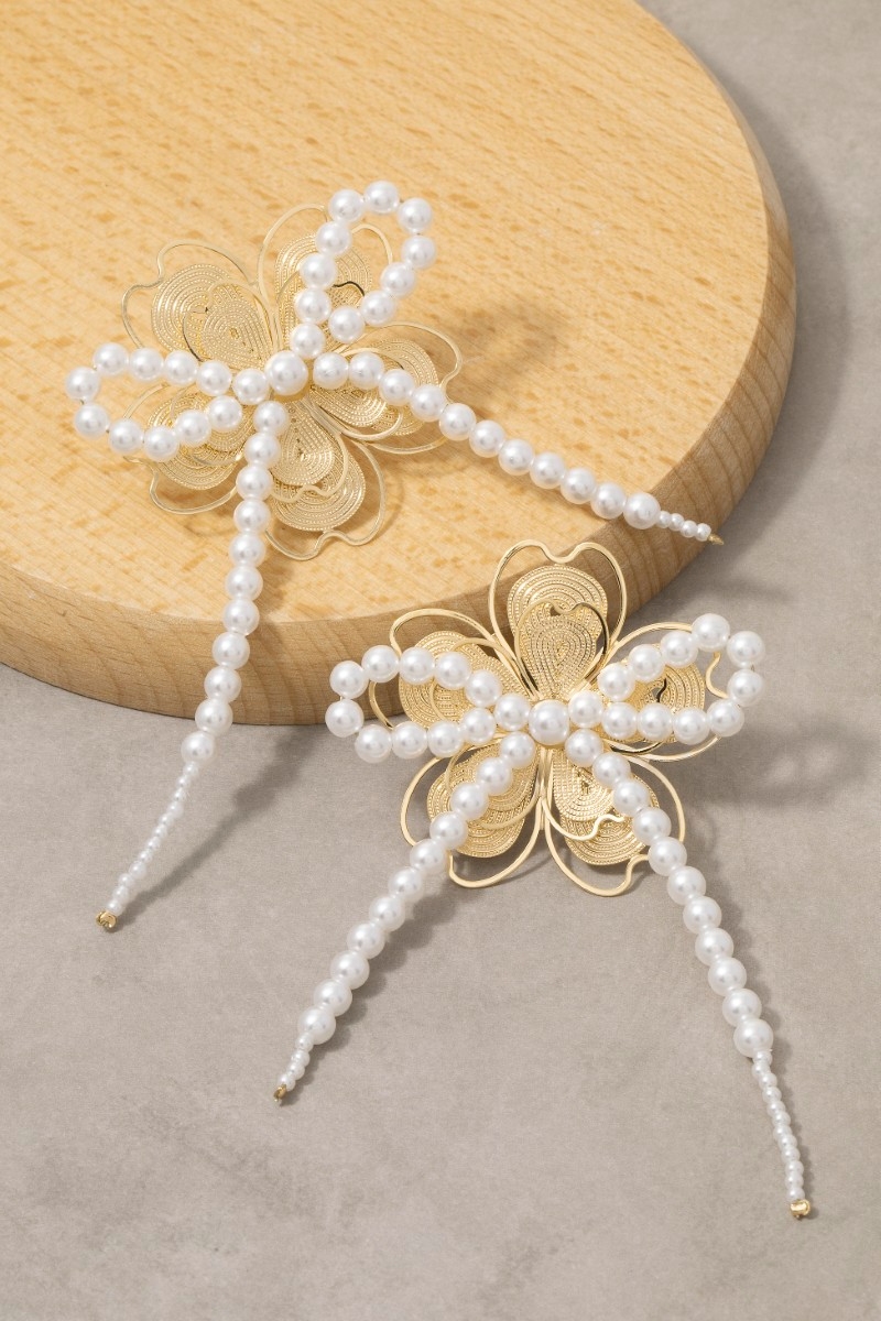 Gold Filigree Flower & Pearl Bow Drop Earrings